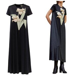 Julia Allert Black Floral Appliqué Midi Dress NWT XS